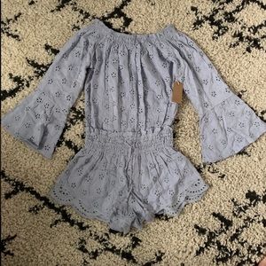 Vici smocked off the shoulder eyelet romper
